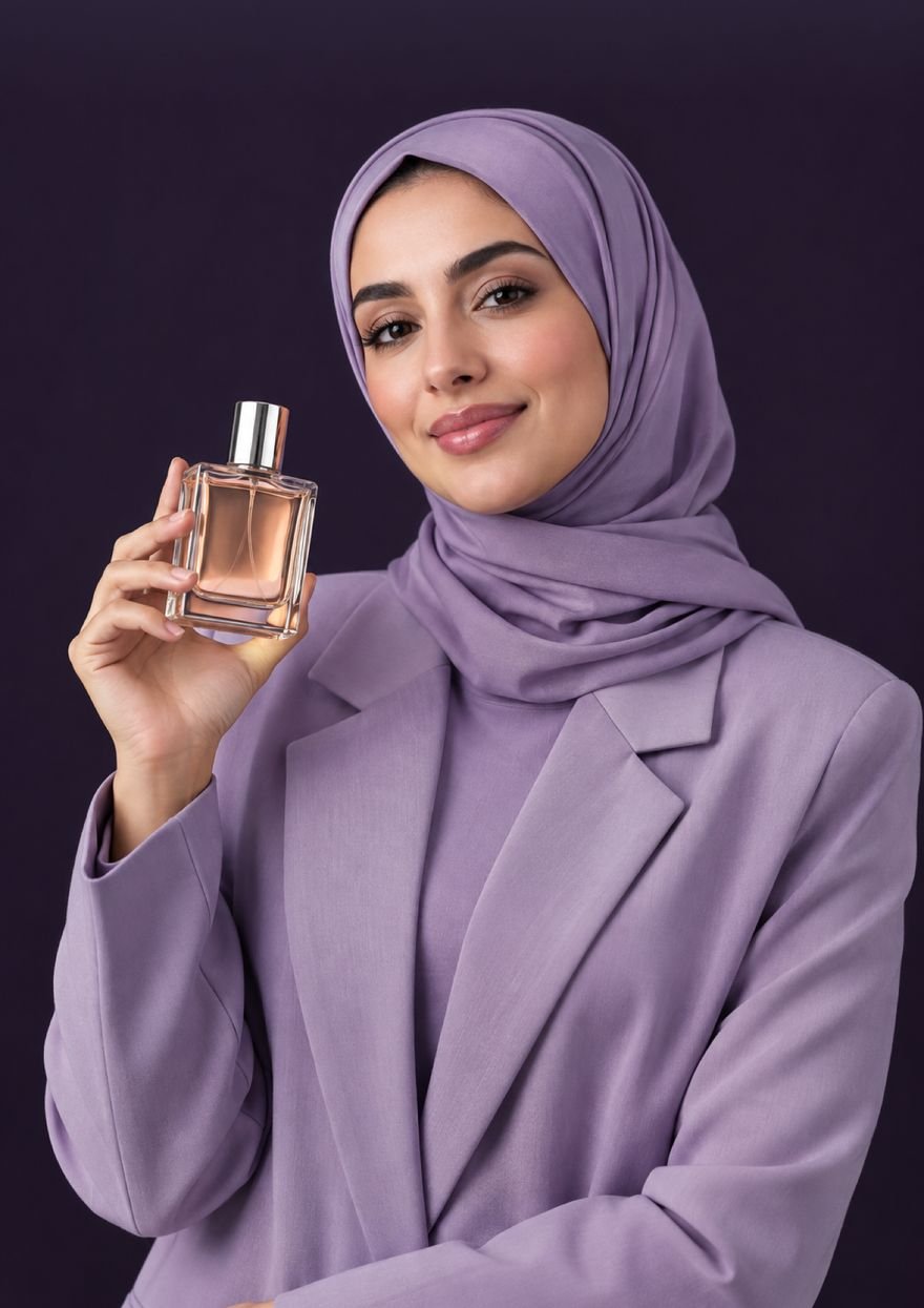 A woman in a lilac hijab holding a perfume bottle